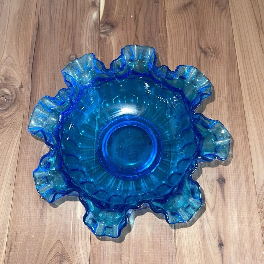 Cobalt Blue Thumbprint Bride Bowl with Double Crimped Ruffled Edge 1970 s